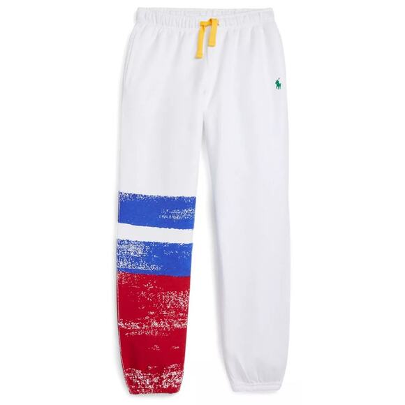 POLO RALPH LAUREN Big Girls Striped Fleece Jogger Pants White Medium - Picture 1 of 10